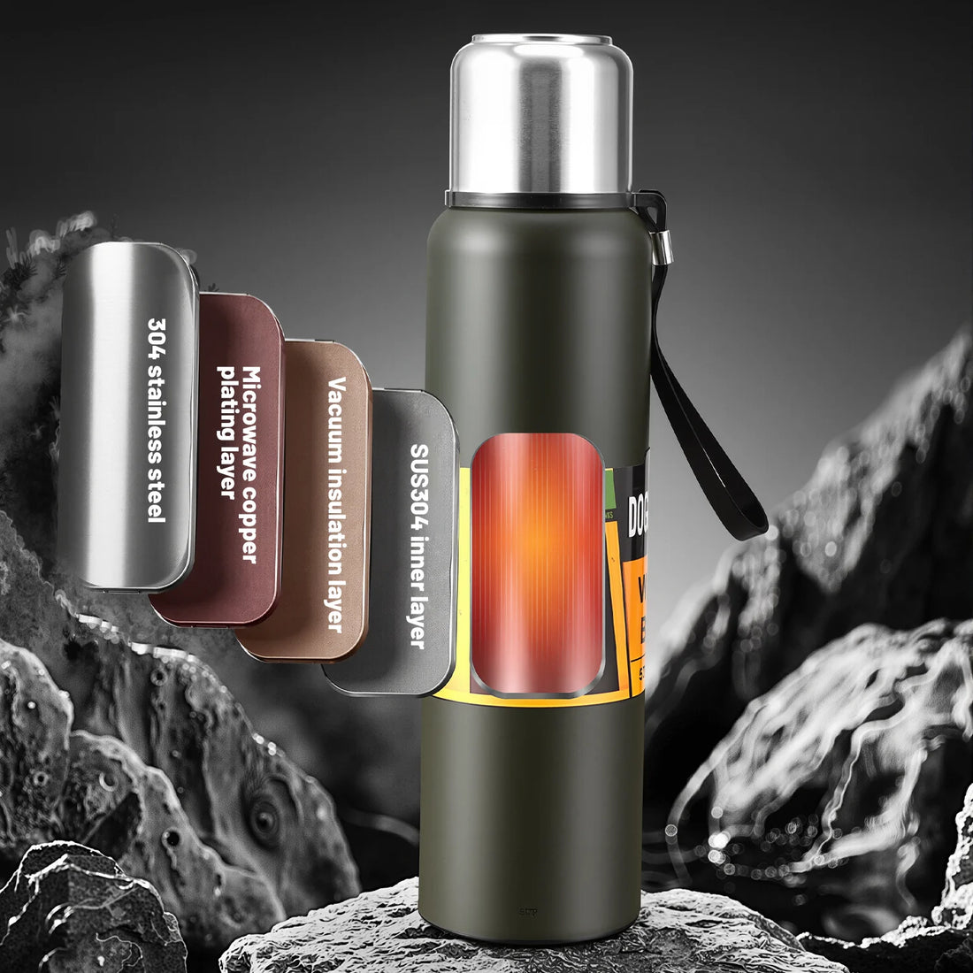 1PCS 50 Oz water bottle with lid, double vacuum insulated water bottle with carry rope, car travel large water bottle
