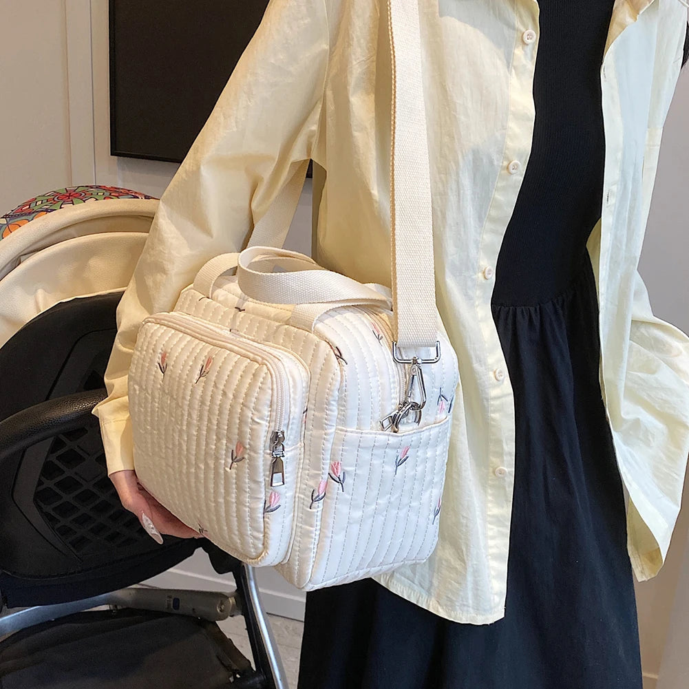 Bear/Flower Quilted Mommy Bag Multifunctional Utility Tote Bag Cotton Crossbody Maternity Bag Adjustable Strap Diaper Handbag