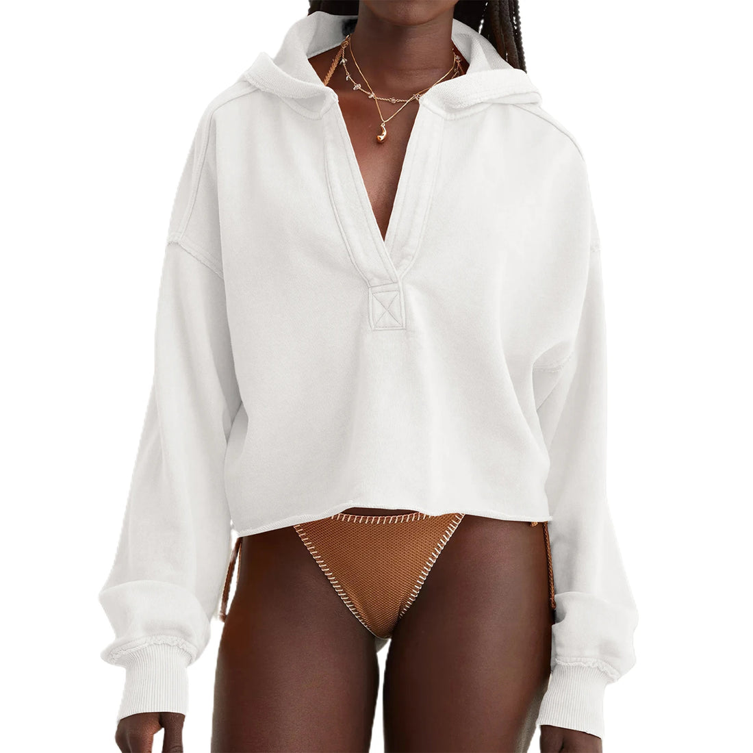 Women s Casual Long Sleeve Pullover Hoodie with Drawstring Hood and V-Neckline for Spring and Autumn Fashion