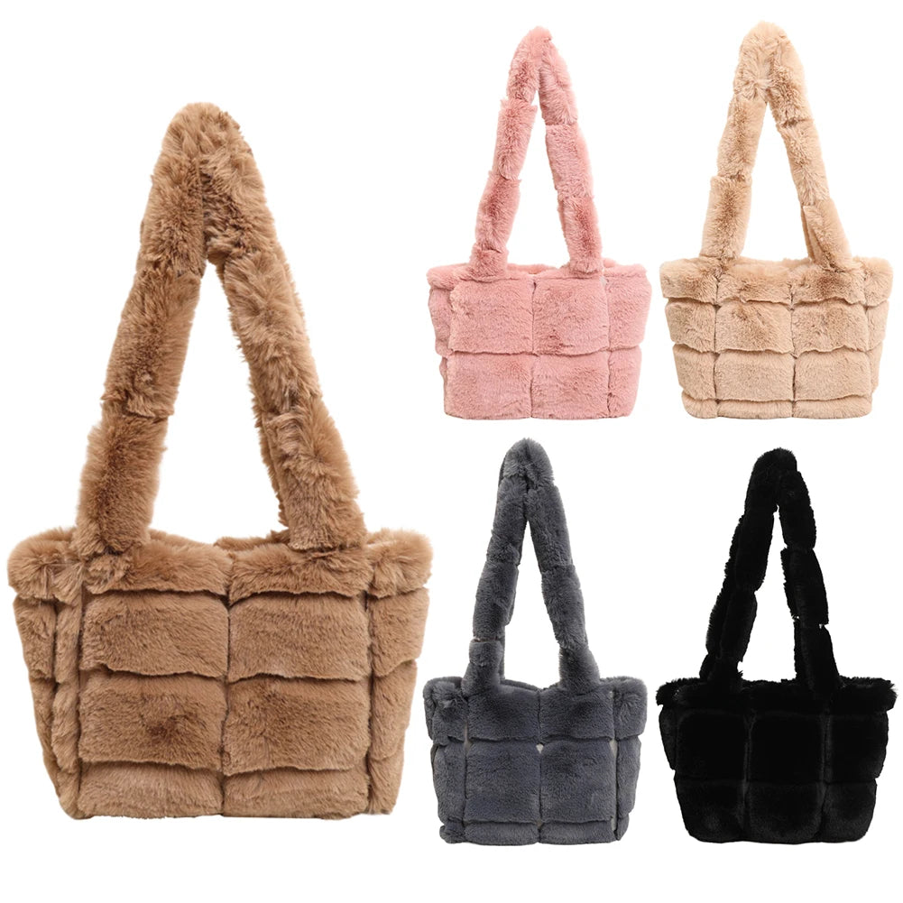 Women Plush Shoulder Bag Fashion Tote Bag Large Capacity Fluffy Handbag Solid Color Fuzzy Top Handle Bag Soft Shopper Bag