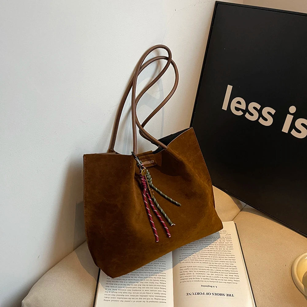 Women Vintage Tote Bag Large Capacity Suede Slouchy Tote Handbag Retro Top-Handle Bag Female Commute Bag