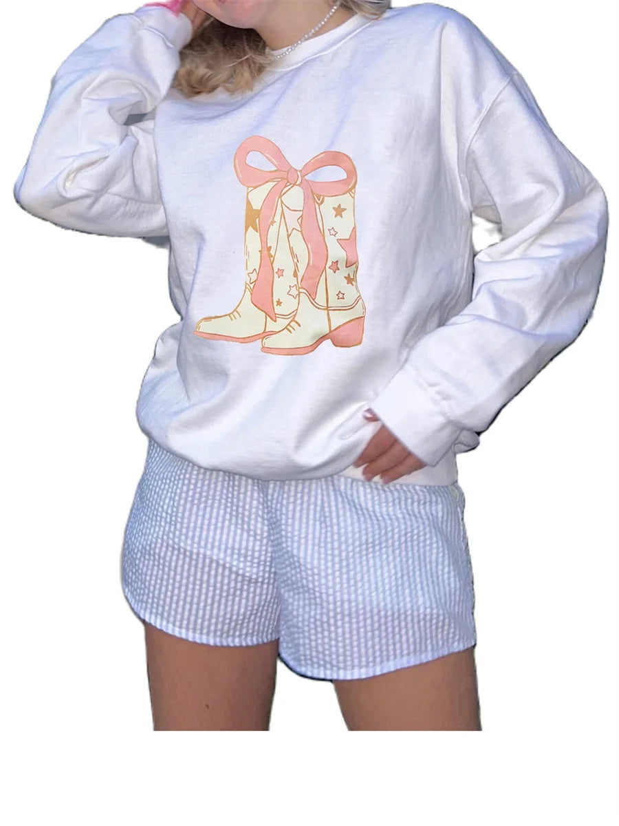 Women s Long Sleeve Crew Neck Floral Print Sweatshirt Pullover with Bow Detail and Casual Boots Graphic - Stylish Hoodie Tops