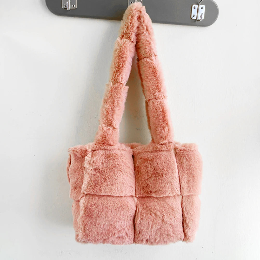Women Plush Shoulder Bag Fashion Tote Bag Large Capacity Fluffy Handbag Solid Color Fuzzy Top Handle Bag Soft Shopper Bag