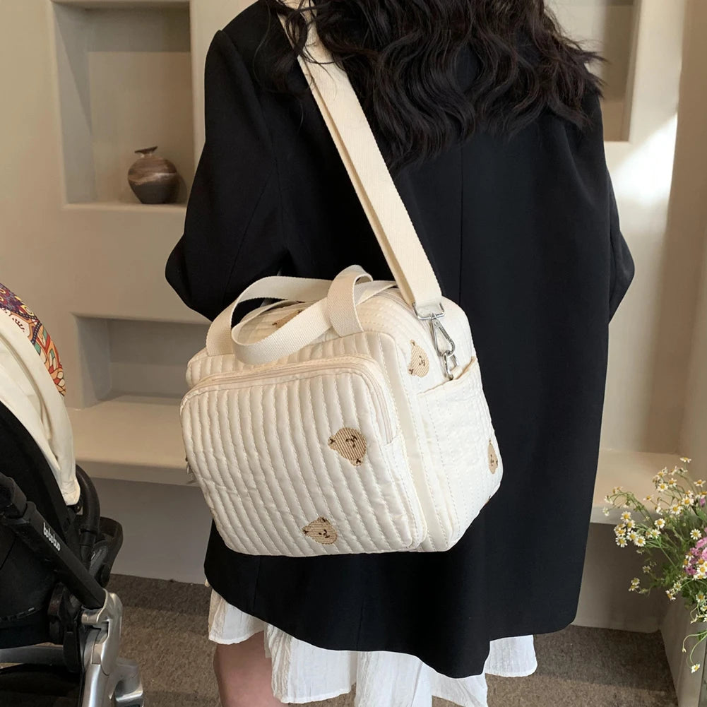 Bear/Flower Quilted Mommy Bag Multifunctional Utility Tote Bag Cotton Crossbody Maternity Bag Adjustable Strap Diaper Handbag