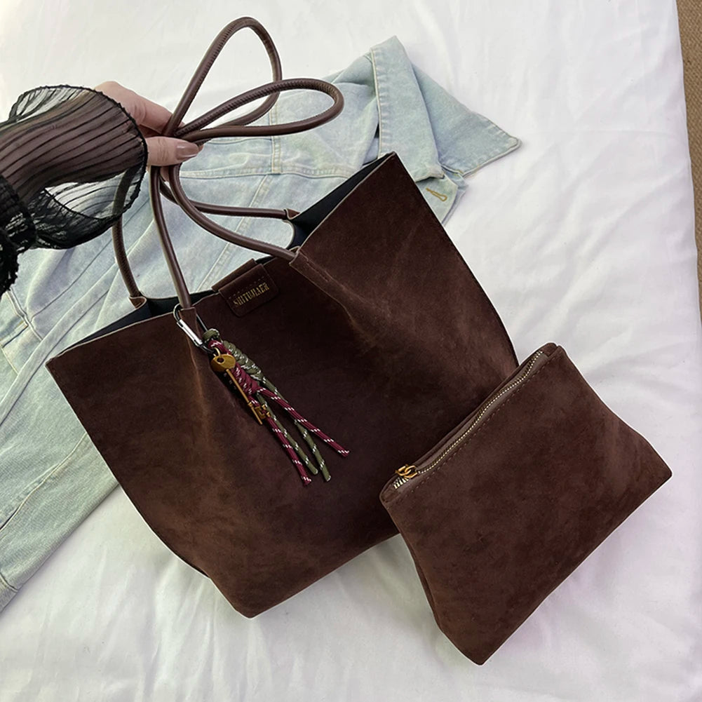 Women Vintage Tote Bag Large Capacity Suede Slouchy Tote Handbag Retro Top-Handle Bag Female Commute Bag