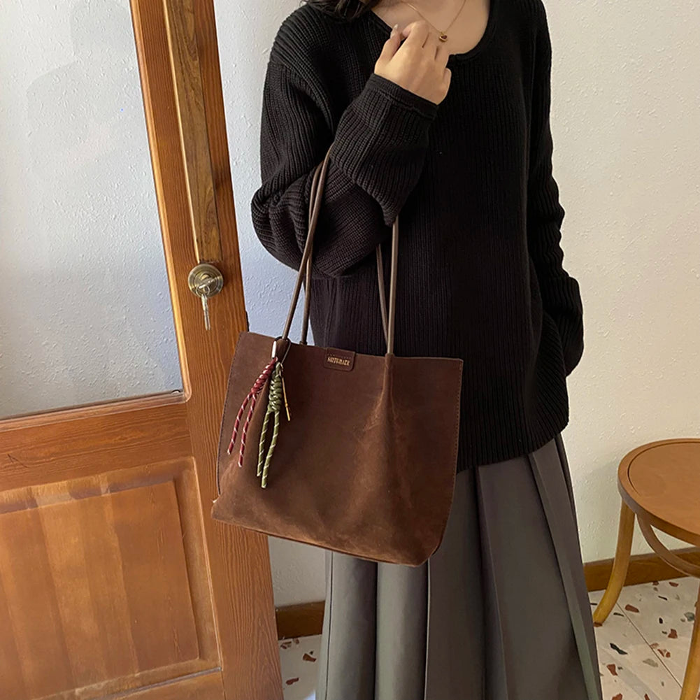 Women Vintage Tote Bag Large Capacity Suede Slouchy Tote Handbag Retro Top-Handle Bag Female Commute Bag