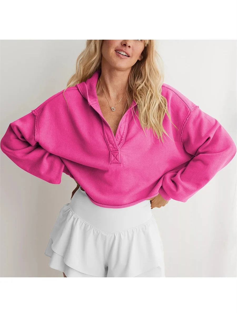 Women s Casual Long Sleeve Pullover Hoodie with Drawstring Hood and V-Neckline for Spring and Autumn Fashion