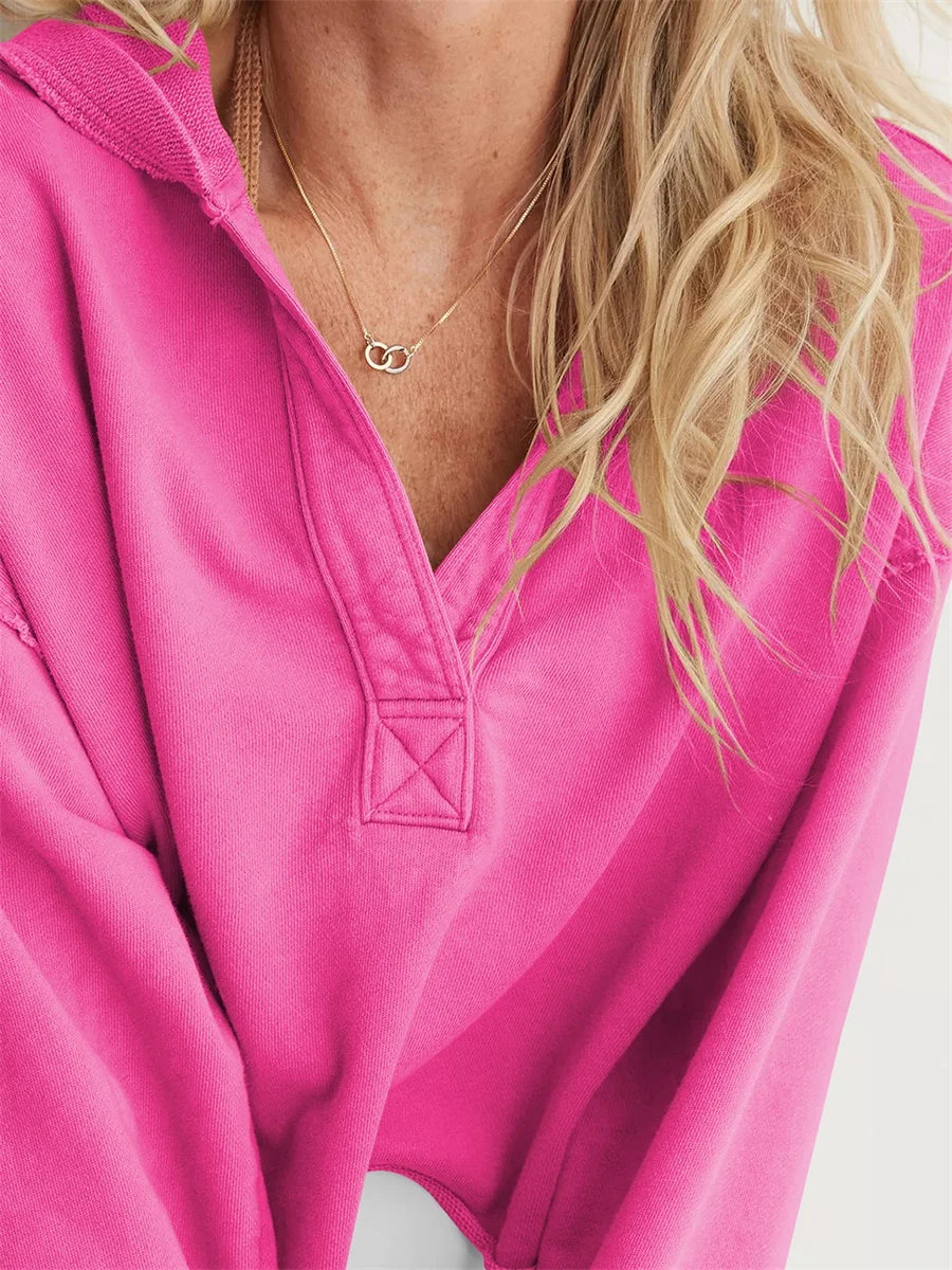 Women s Casual Long Sleeve Pullover Hoodie with Drawstring Hood and V-Neckline for Spring and Autumn Fashion