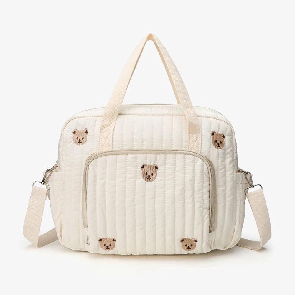 Bear/Flower Quilted Mommy Bag Multifunctional Utility Tote Bag Cotton Crossbody Maternity Bag Adjustable Strap Diaper Handbag