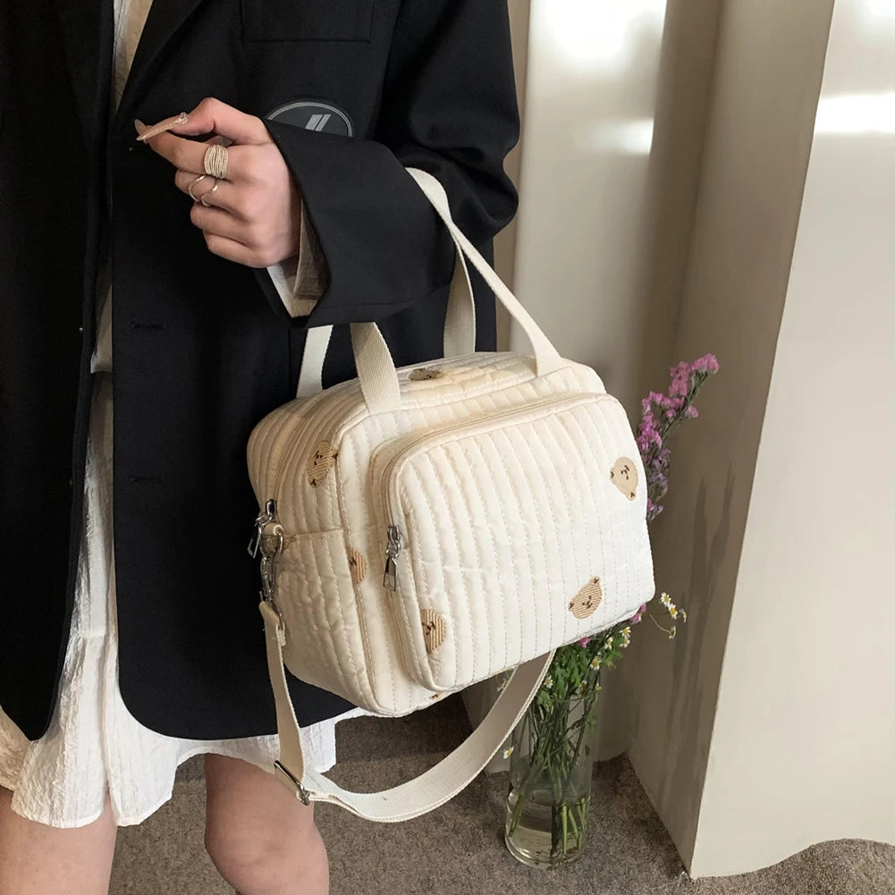 Bear/Flower Quilted Mommy Bag Multifunctional Utility Tote Bag Cotton Crossbody Maternity Bag Adjustable Strap Diaper Handbag