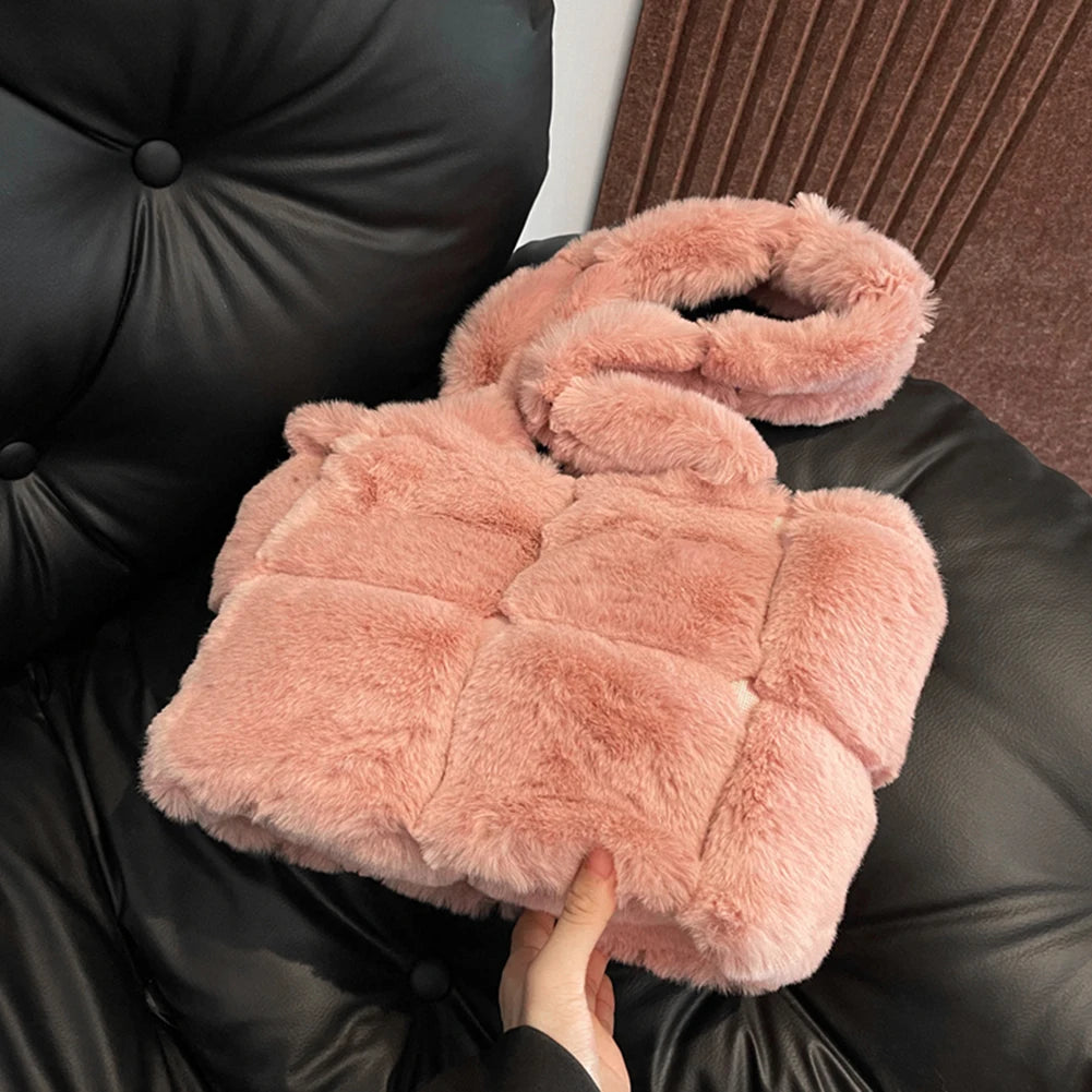 Women Plush Shoulder Bag Fashion Tote Bag Large Capacity Fluffy Handbag Solid Color Fuzzy Top Handle Bag Soft Shopper Bag
