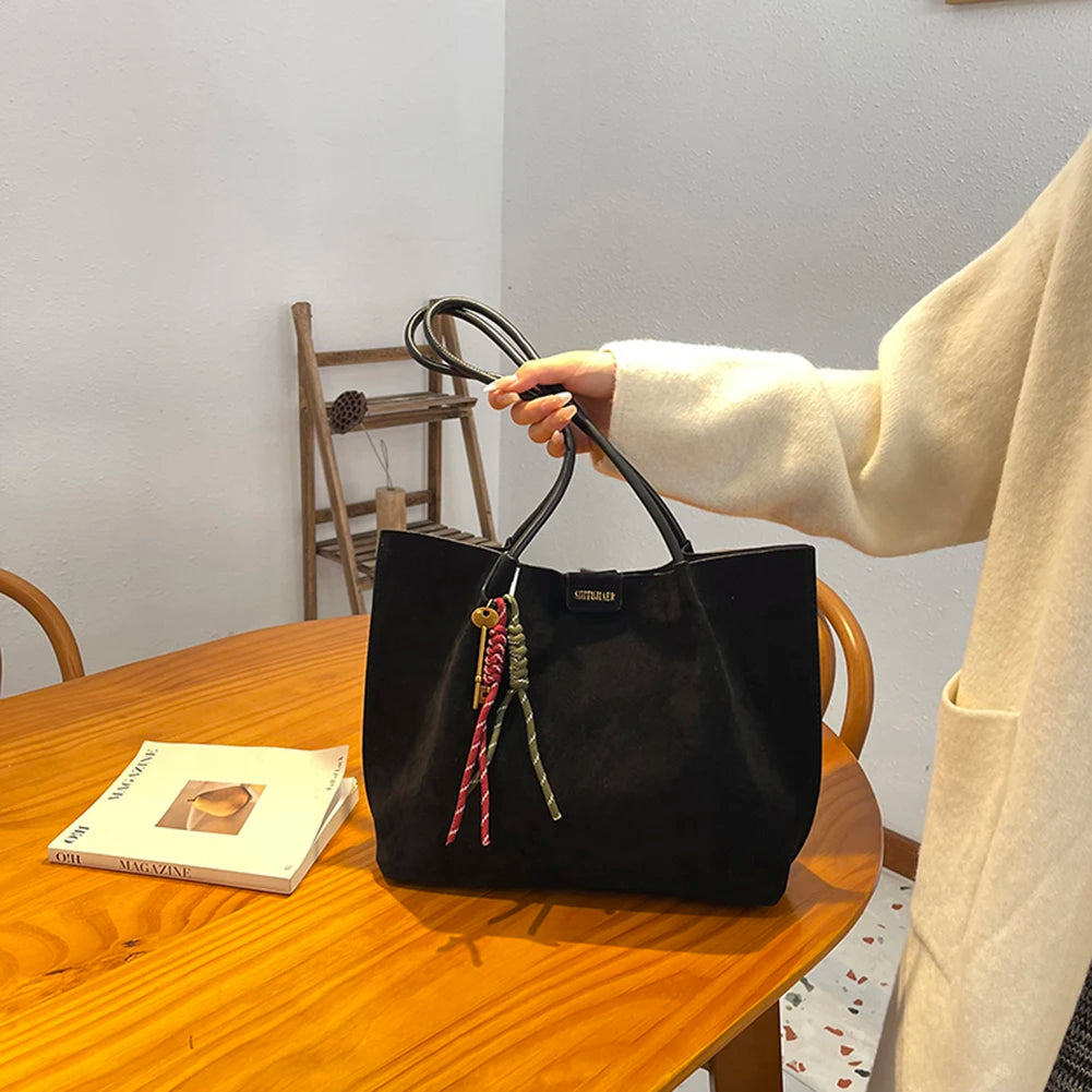 Women Vintage Tote Bag Large Capacity Suede Slouchy Tote Handbag Retro Top-Handle Bag Female Commute Bag
