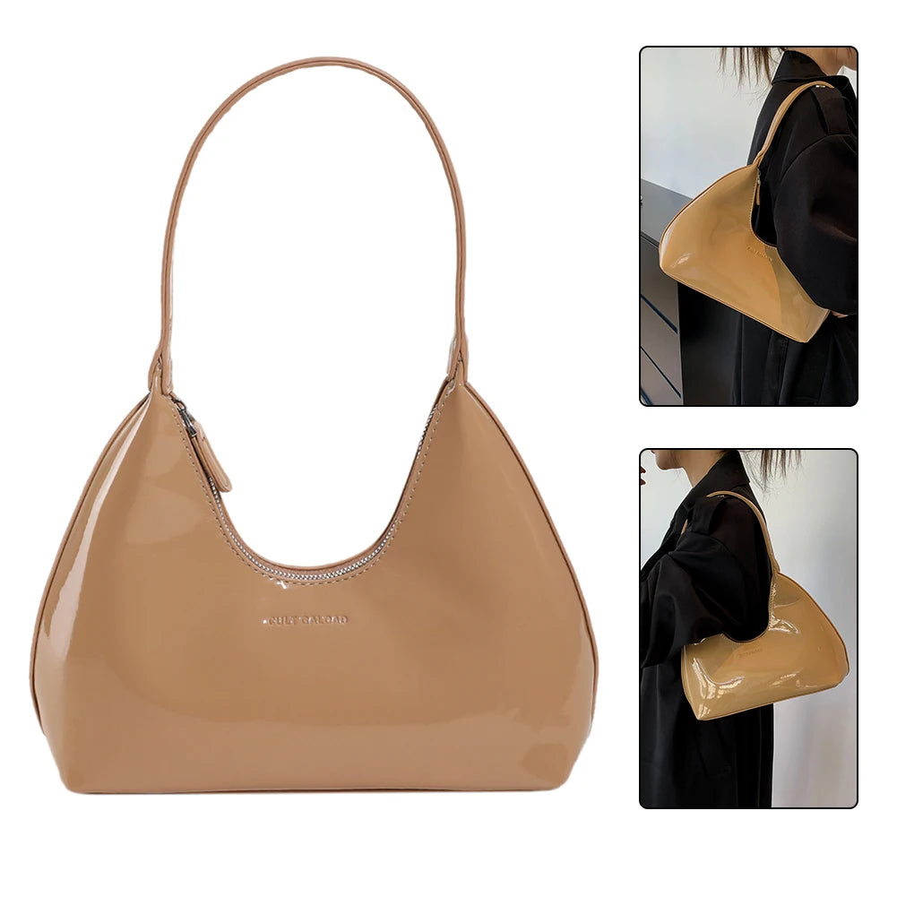 Women Patent Leather Tote Bag Versatile Fashion Shoulder Bag Casual Satchel Hobo Bag Zipper Armpit Bag Girl Shopper Purse