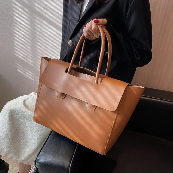 Women Vintage Shoulder Bag Large Capacity PU Leather Minimalist Shoulder Tote Bag Solid Color Fashion Tote Handbag Chic Tote Bag