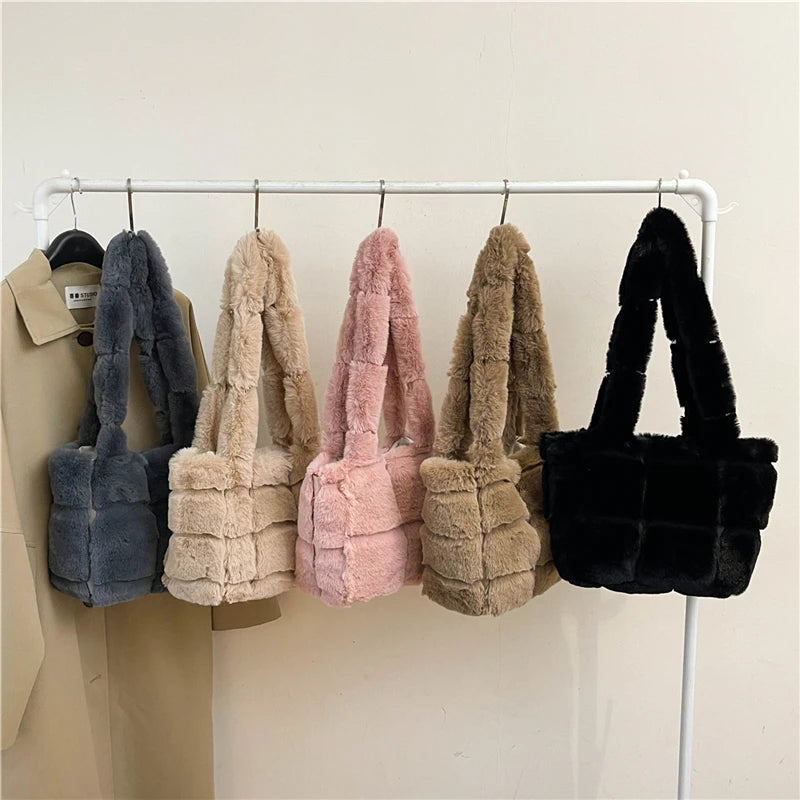 Women Plush Shoulder Bag Fashion Tote Bag Large Capacity Fluffy Handbag Solid Color Fuzzy Top Handle Bag Soft Shopper Bag