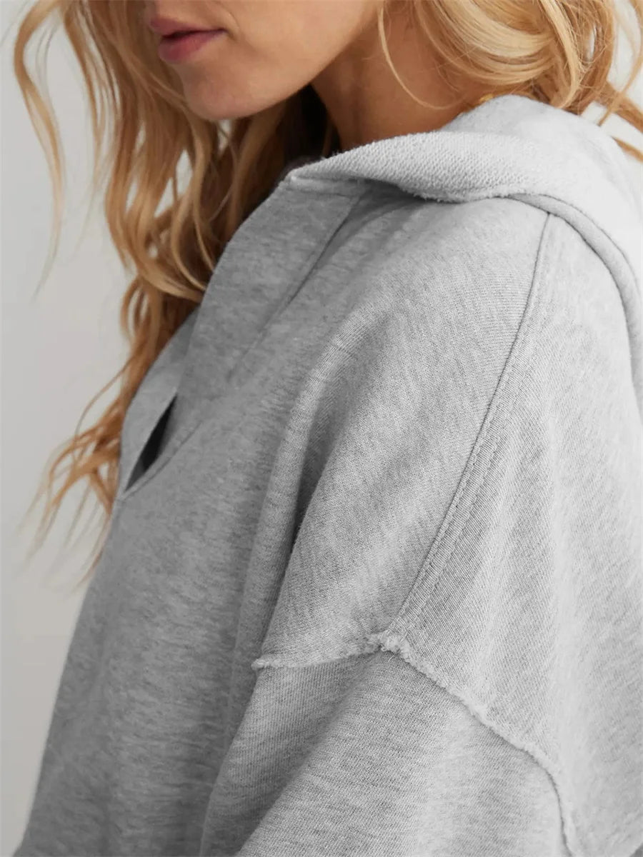 Women s Casual Long Sleeve Pullover Hoodie with Drawstring Hood and V-Neckline for Spring and Autumn Fashion