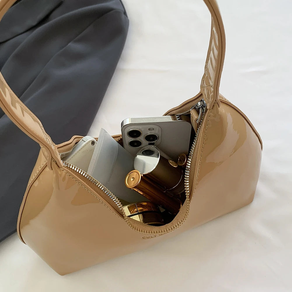 Women Patent Leather Tote Bag Versatile Fashion Shoulder Bag Casual Satchel Hobo Bag Zipper Armpit Bag Girl Shopper Purse