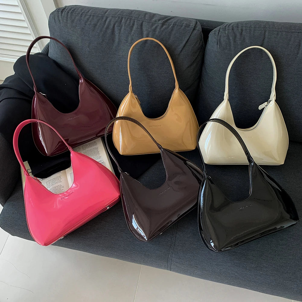 Women Patent Leather Tote Bag Versatile Fashion Shoulder Bag Casual Satchel Hobo Bag Zipper Armpit Bag Girl Shopper Purse