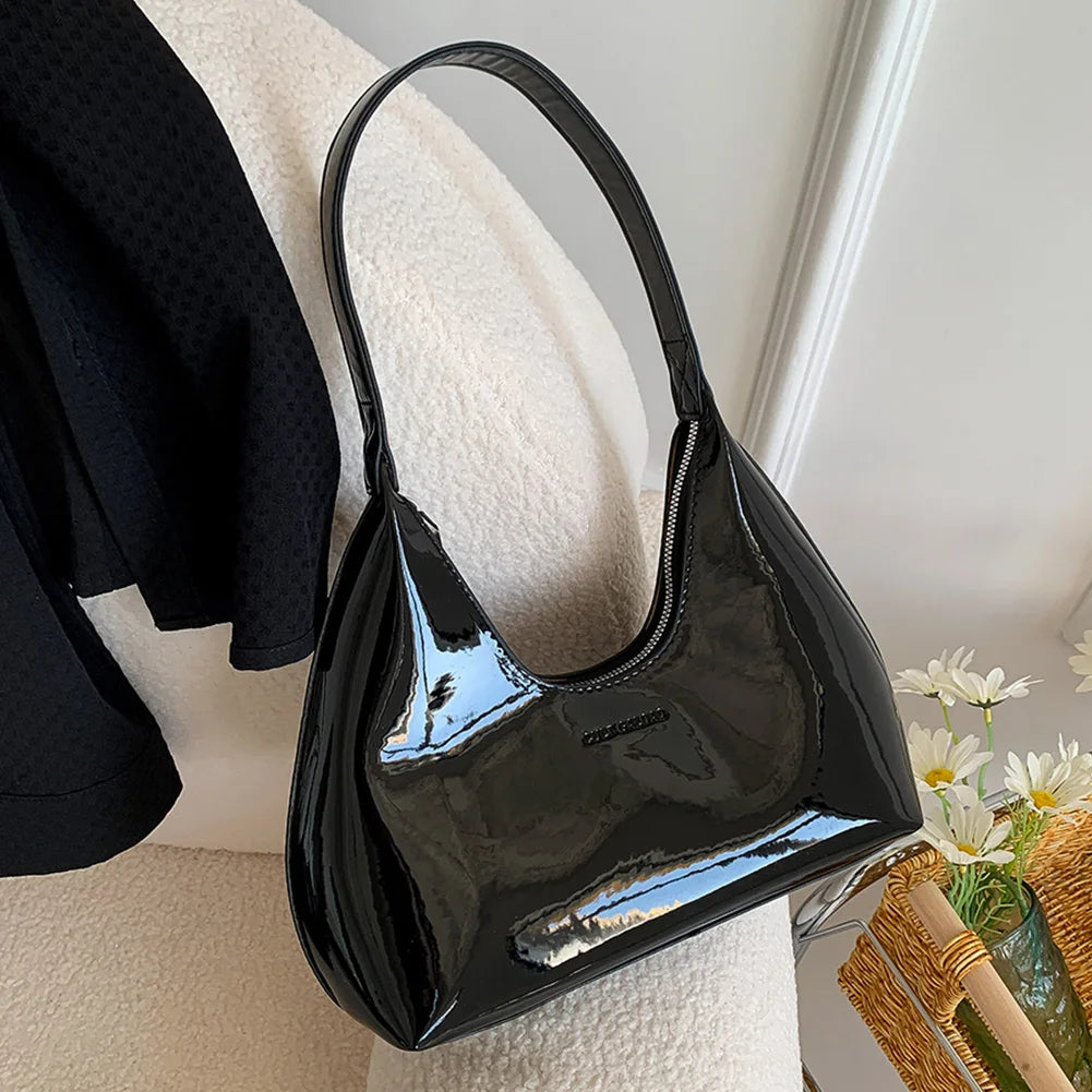 Women Patent Leather Tote Bag Versatile Fashion Shoulder Bag Casual Satchel Hobo Bag Zipper Armpit Bag Girl Shopper Purse