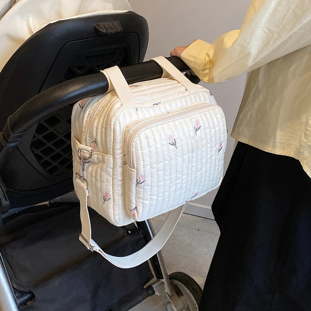 Bear/Flower Quilted Mommy Bag Multifunctional Utility Tote Bag Cotton Crossbody Maternity Bag Adjustable Strap Diaper Handbag