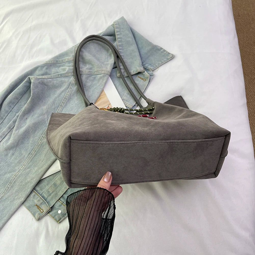Women Vintage Tote Bag Large Capacity Suede Slouchy Tote Handbag Retro Top-Handle Bag Female Commute Bag