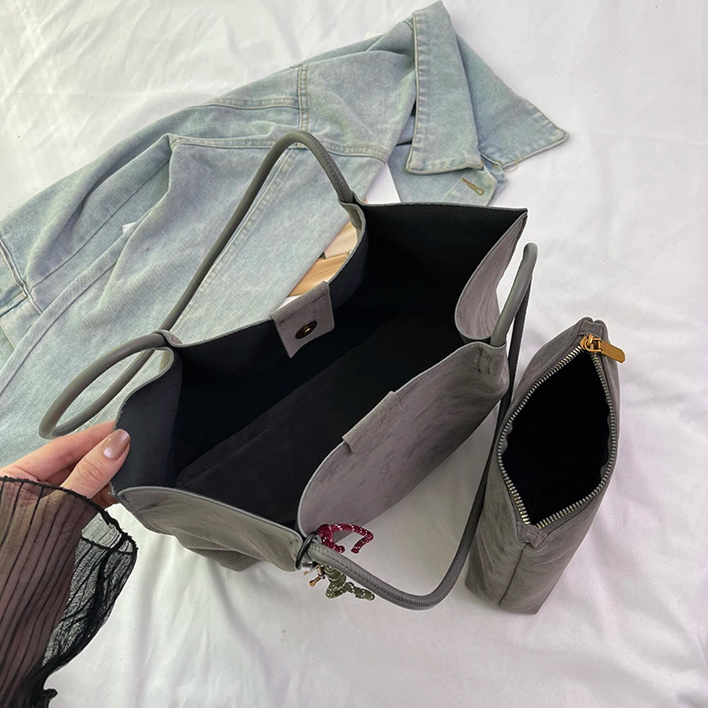 Women Vintage Tote Bag Large Capacity Suede Slouchy Tote Handbag Retro Top-Handle Bag Female Commute Bag
