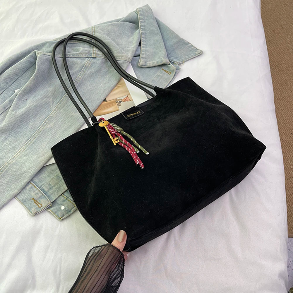 Women Vintage Tote Bag Large Capacity Suede Slouchy Tote Handbag Retro Top-Handle Bag Female Commute Bag
