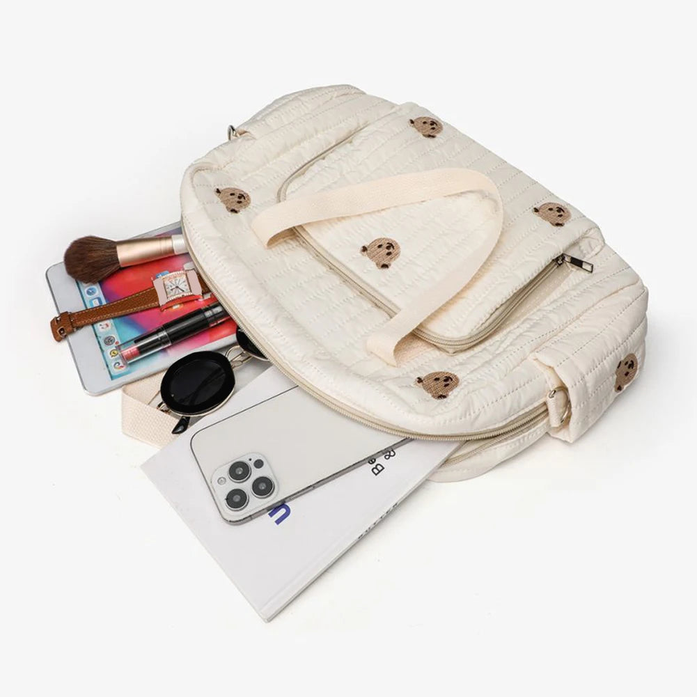 Bear/Flower Quilted Mommy Bag Multifunctional Utility Tote Bag Cotton Crossbody Maternity Bag Adjustable Strap Diaper Handbag