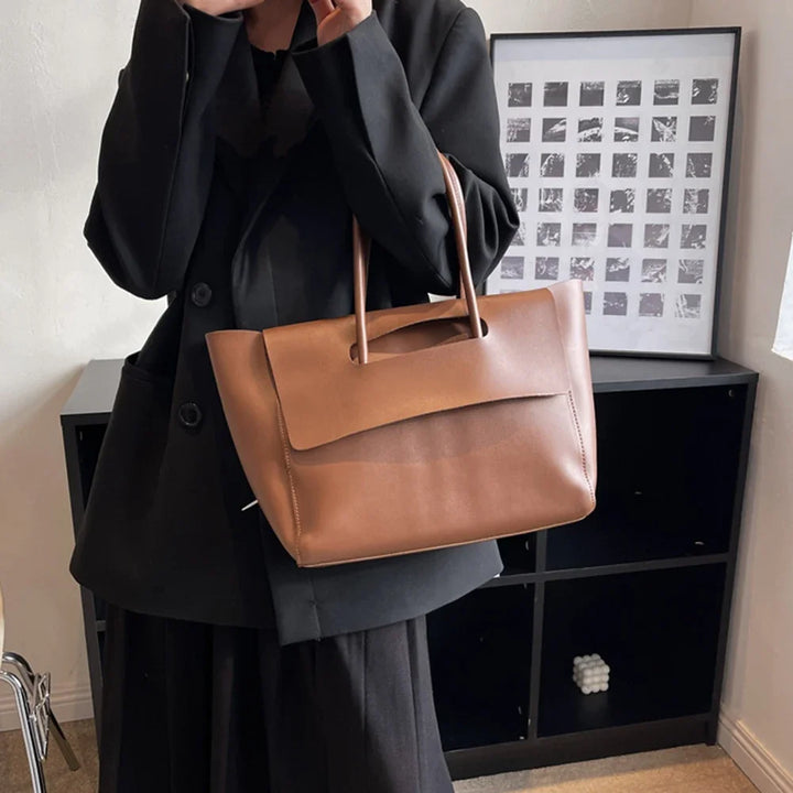 Women Vintage Shoulder Bag Large Capacity PU Leather Minimalist Shoulder Tote Bag Solid Color Fashion Tote Handbag Chic Tote Bag