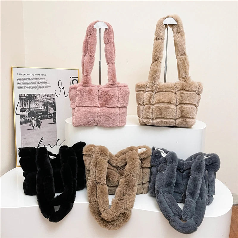 Women Plush Shoulder Bag Fashion Tote Bag Large Capacity Fluffy Handbag Solid Color Fuzzy Top Handle Bag Soft Shopper Bag