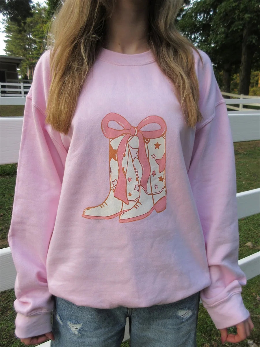 Women s Long Sleeve Crew Neck Floral Print Sweatshirt Pullover with Bow Detail and Casual Boots Graphic - Stylish Hoodie Tops