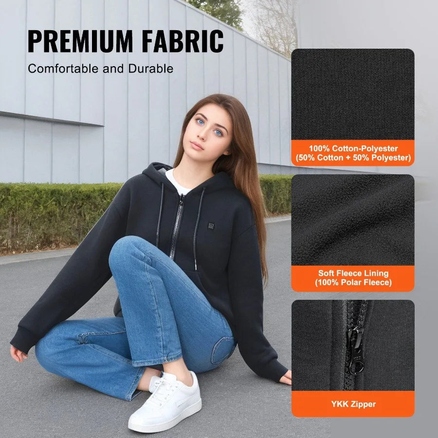 Heated Hoodie Sweatshirt Zip Up Unisex with Battery for MenWomen S Black