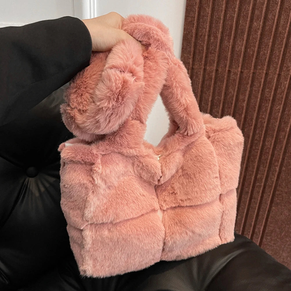 Women Plush Shoulder Bag Fashion Tote Bag Large Capacity Fluffy Handbag Solid Color Fuzzy Top Handle Bag Soft Shopper Bag