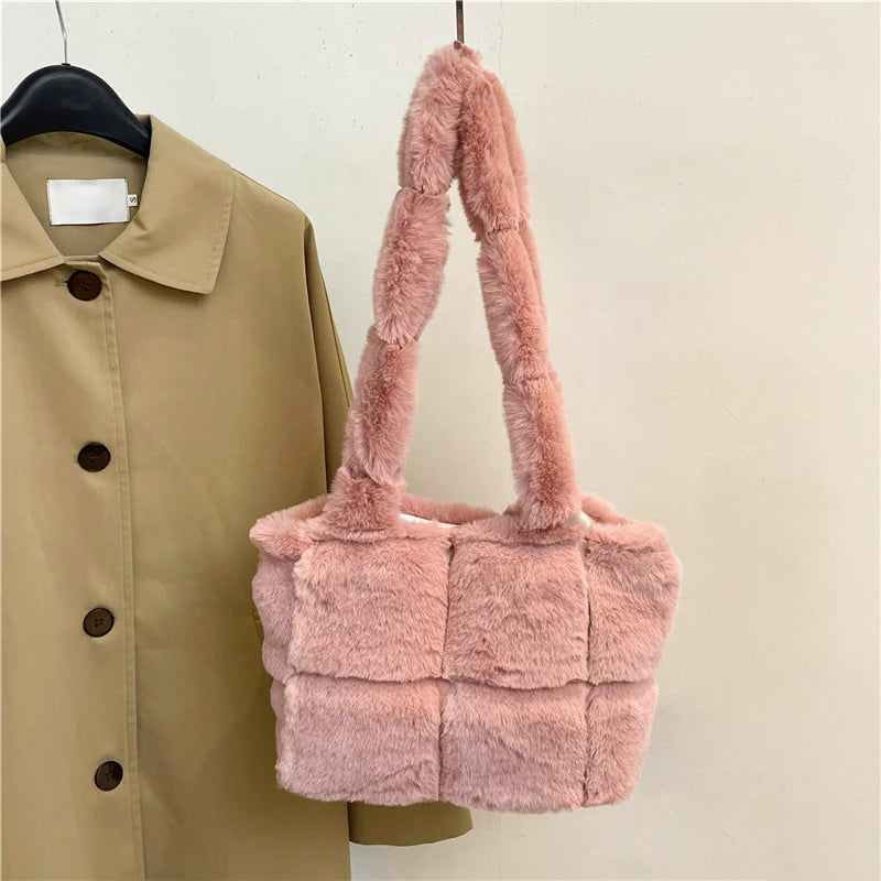Women Plush Shoulder Bag Fashion Tote Bag Large Capacity Fluffy Handbag Solid Color Fuzzy Top Handle Bag Soft Shopper Bag