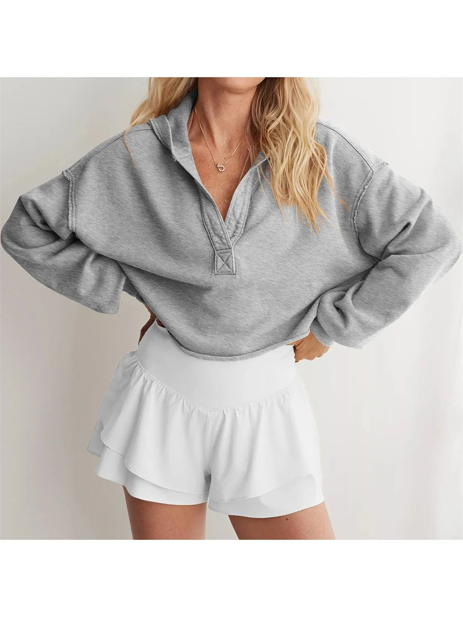 Women s Casual Long Sleeve Pullover Hoodie with Drawstring Hood and V-Neckline for Spring and Autumn Fashion