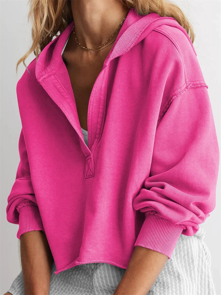 Women s Casual Long Sleeve Pullover Hoodie with Drawstring Hood and V-Neckline for Spring and Autumn Fashion