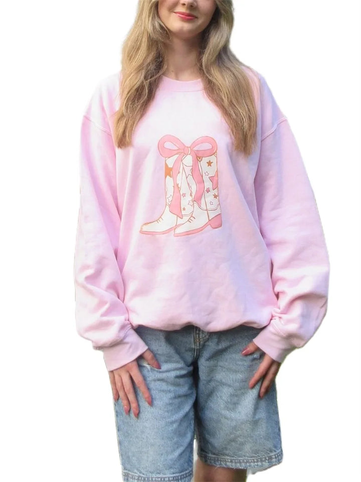 Women s Long Sleeve Crew Neck Floral Print Sweatshirt Pullover with Bow Detail and Casual Boots Graphic - Stylish Hoodie Tops