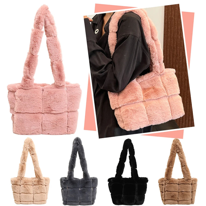 Women Plush Shoulder Bag Fashion Tote Bag Large Capacity Fluffy Handbag Solid Color Fuzzy Top Handle Bag Soft Shopper Bag