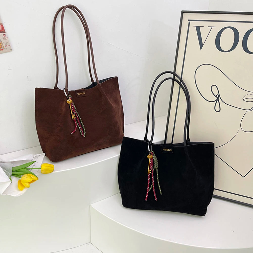 Women Vintage Tote Bag Large Capacity Suede Slouchy Tote Handbag Retro Top-Handle Bag Female Commute Bag