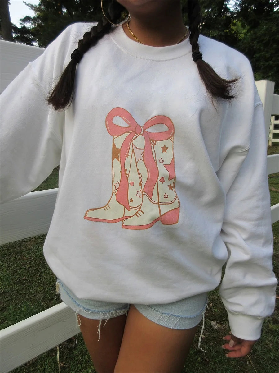 Women s Long Sleeve Crew Neck Floral Print Sweatshirt Pullover with Bow Detail and Casual Boots Graphic - Stylish Hoodie Tops