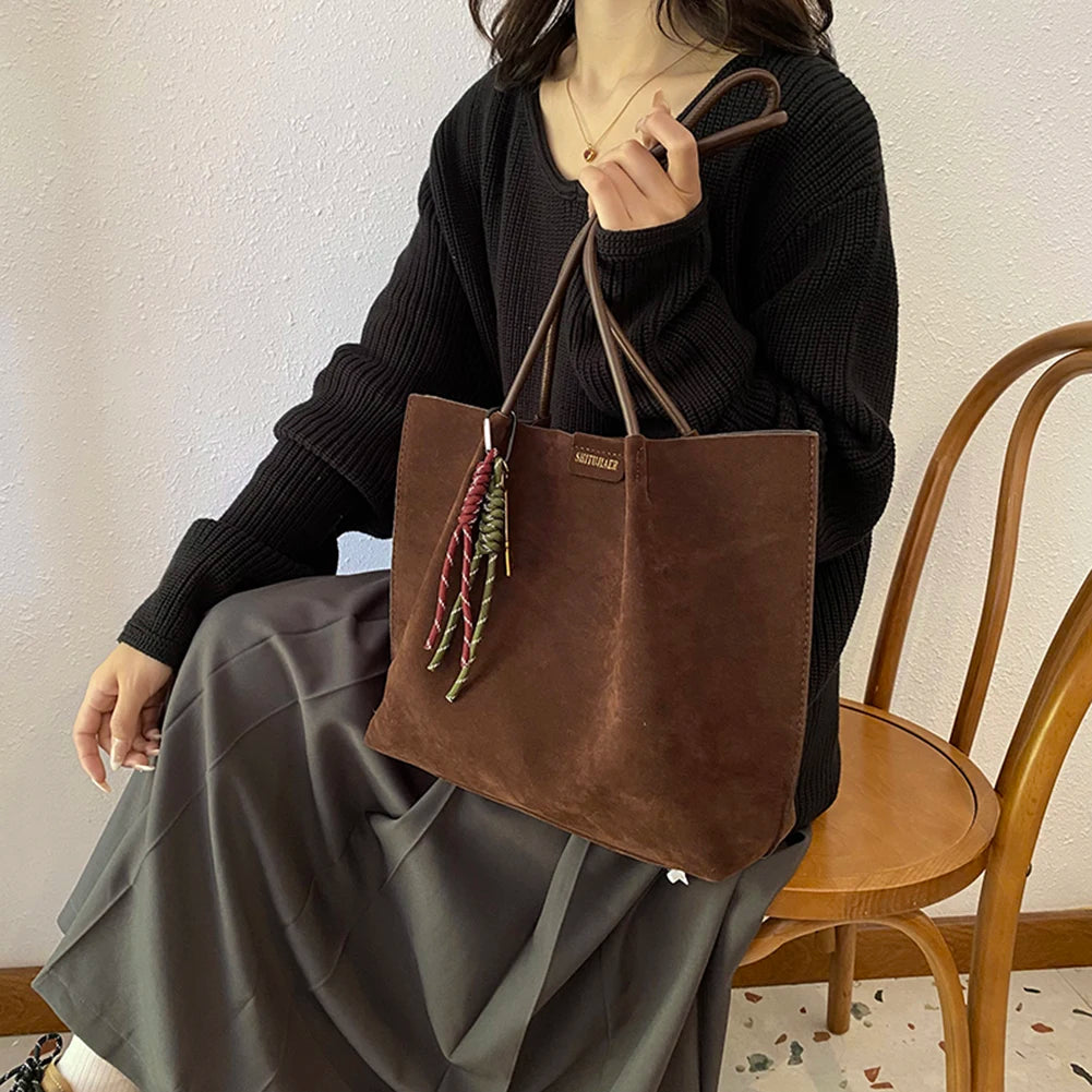 Women Vintage Tote Bag Large Capacity Suede Slouchy Tote Handbag Retro Top-Handle Bag Female Commute Bag