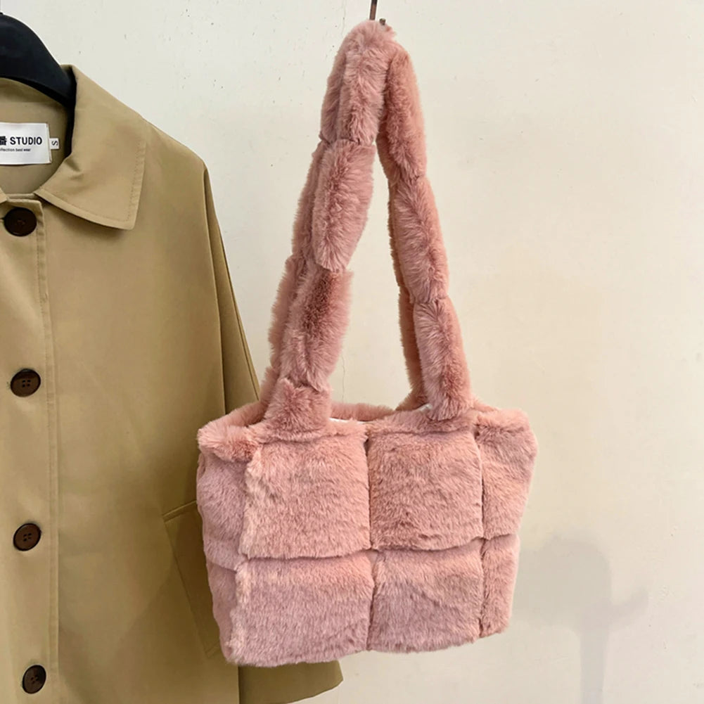 Women Plush Shoulder Bag Fashion Tote Bag Large Capacity Fluffy Handbag Solid Color Fuzzy Top Handle Bag Soft Shopper Bag