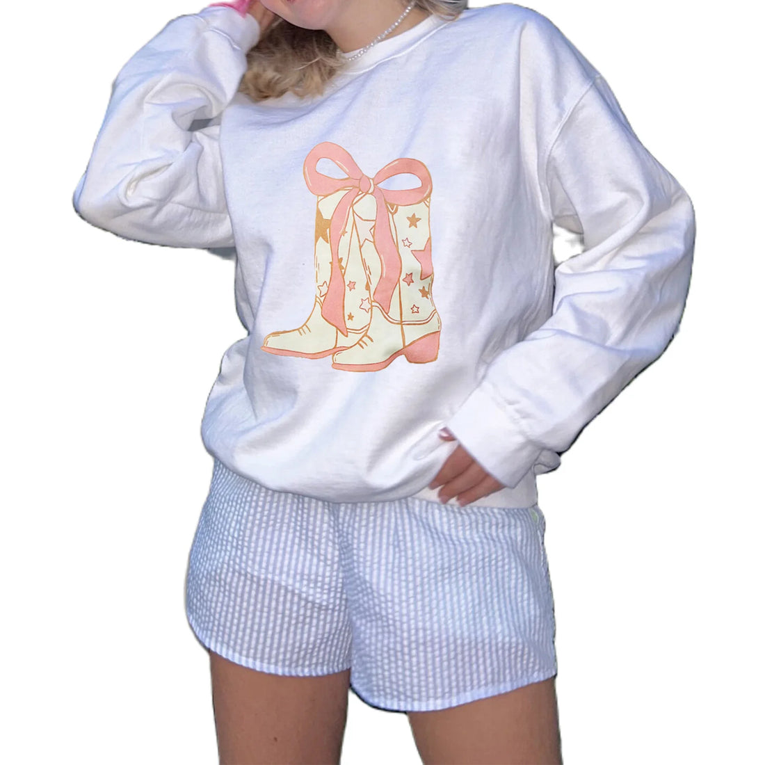 Women s Long Sleeve Crew Neck Floral Print Sweatshirt Pullover with Bow Detail and Casual Boots Graphic - Stylish Hoodie Tops