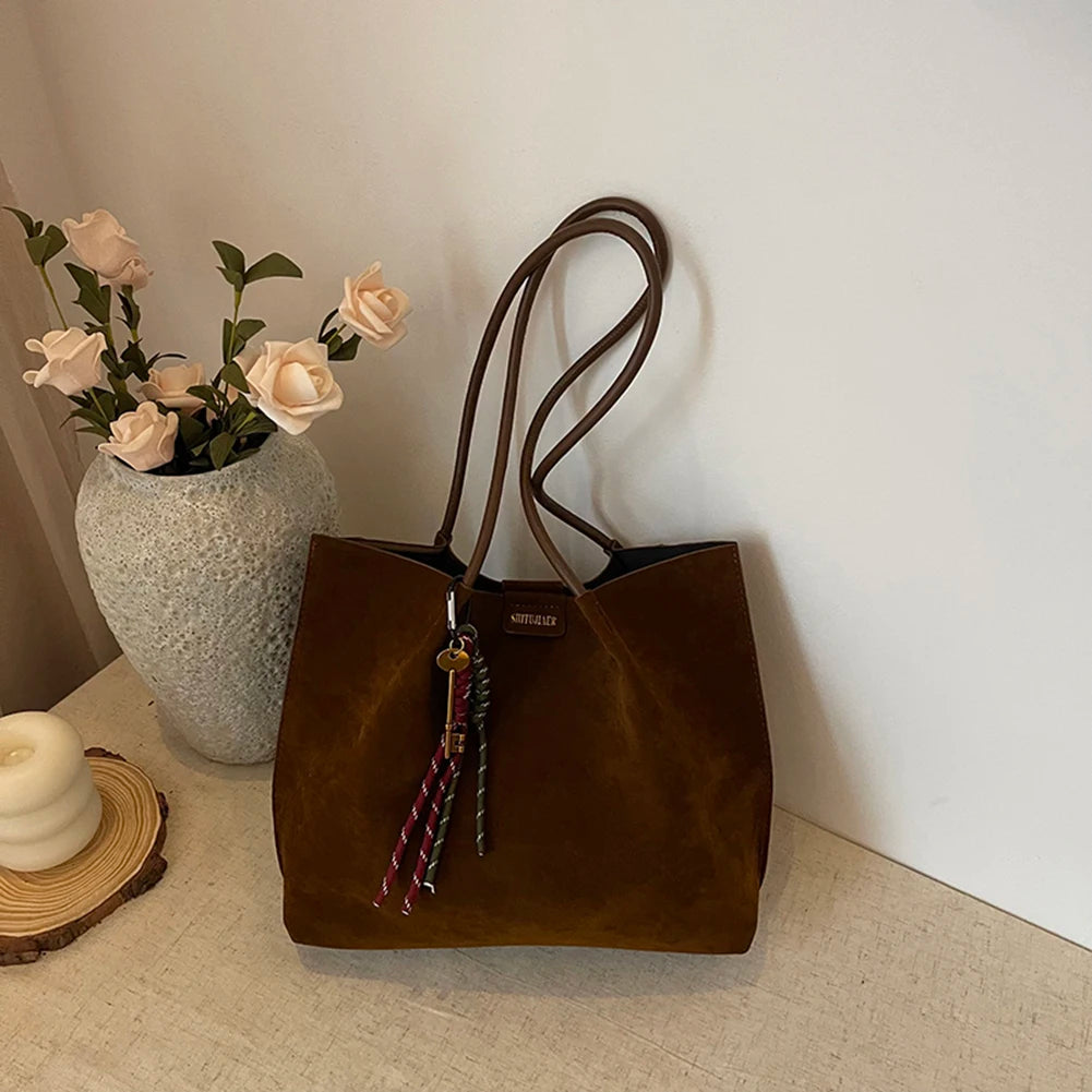 Women Vintage Tote Bag Large Capacity Suede Slouchy Tote Handbag Retro Top-Handle Bag Female Commute Bag