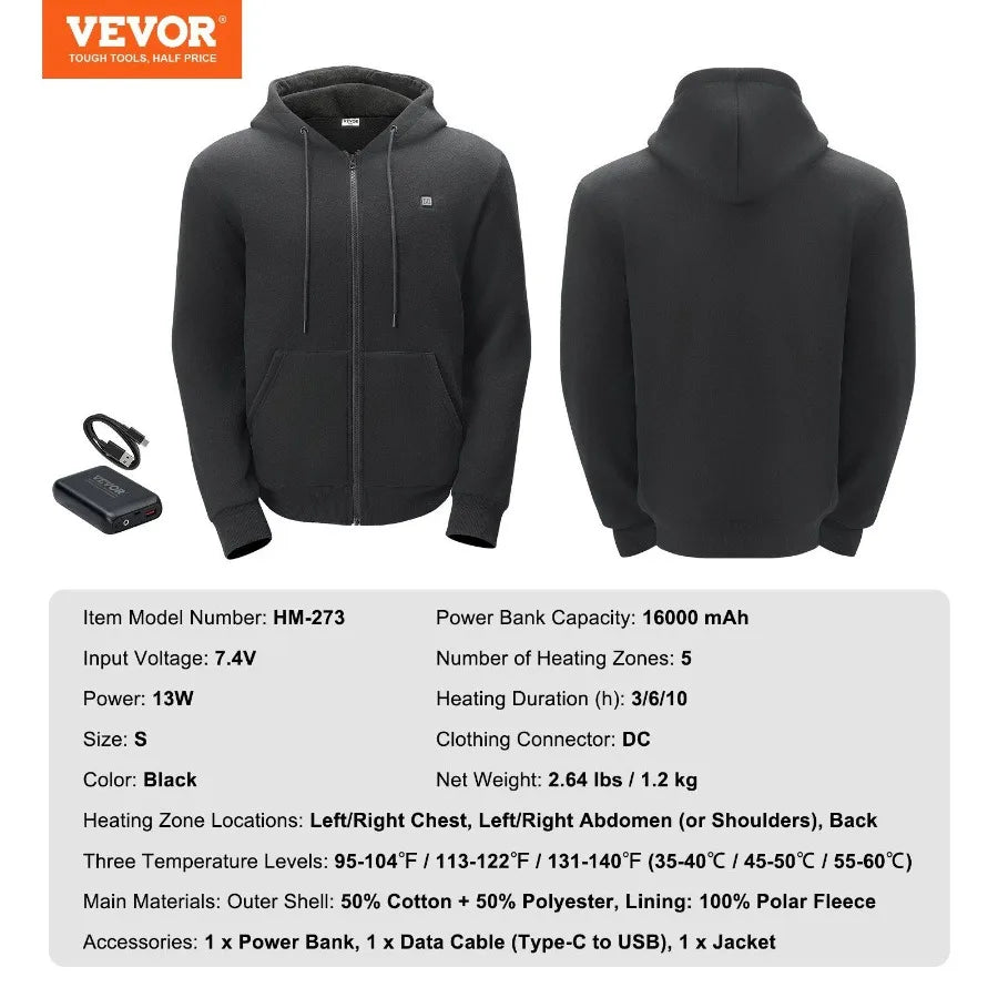 Heated Hoodie Sweatshirt Zip Up Unisex with Battery for MenWomen S Black