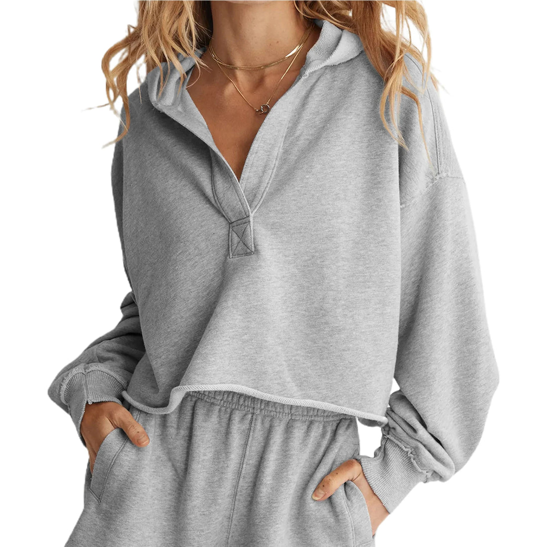 Women s Casual Long Sleeve Pullover Hoodie with Drawstring Hood and V-Neckline for Spring and Autumn Fashion