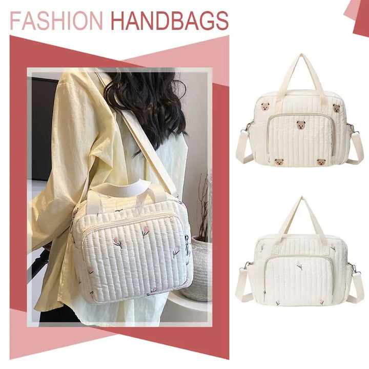 Bear/Flower Quilted Mommy Bag Multifunctional Utility Tote Bag Cotton Crossbody Maternity Bag Adjustable Strap Diaper Handbag