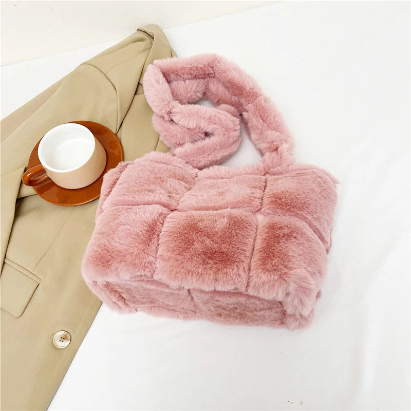Women Plush Shoulder Bag Fashion Tote Bag Large Capacity Fluffy Handbag Solid Color Fuzzy Top Handle Bag Soft Shopper Bag