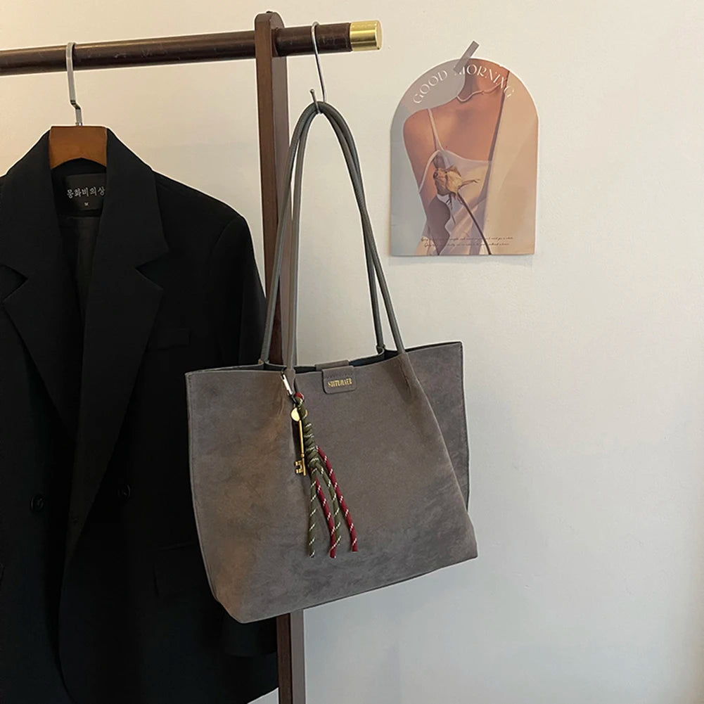 Women Vintage Tote Bag Large Capacity Suede Slouchy Tote Handbag Retro Top-Handle Bag Female Commute Bag