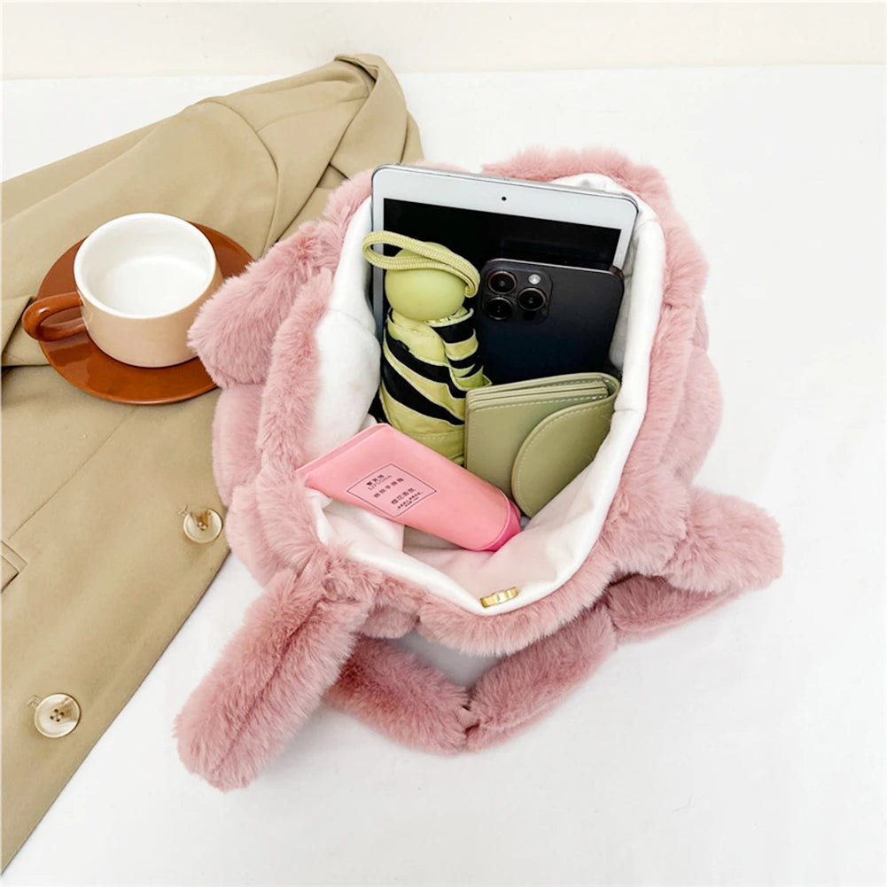 Women Plush Shoulder Bag Fashion Tote Bag Large Capacity Fluffy Handbag Solid Color Fuzzy Top Handle Bag Soft Shopper Bag